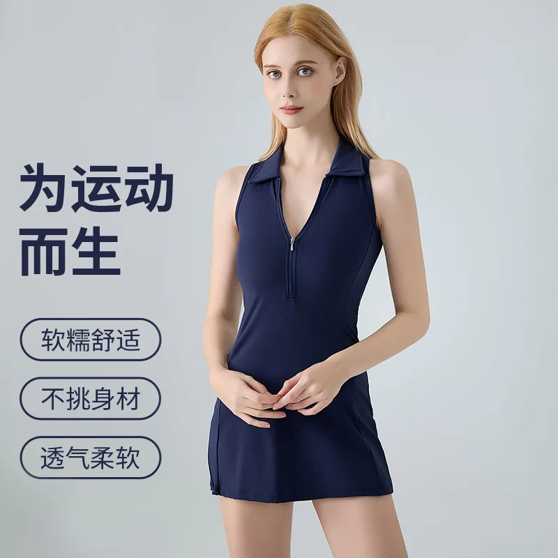 Golf Collar Fitness One-piece Ball Skirt for Women, Quick Drying, Breathable, Waist Cinching, Sports and Leisure Dress