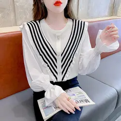 Lotus Leaf Edge Chiffon Patchwork Fake Two-piece Knitted Sweater Autumn New Korean Casual Slimming Long Sleeved Top for Women