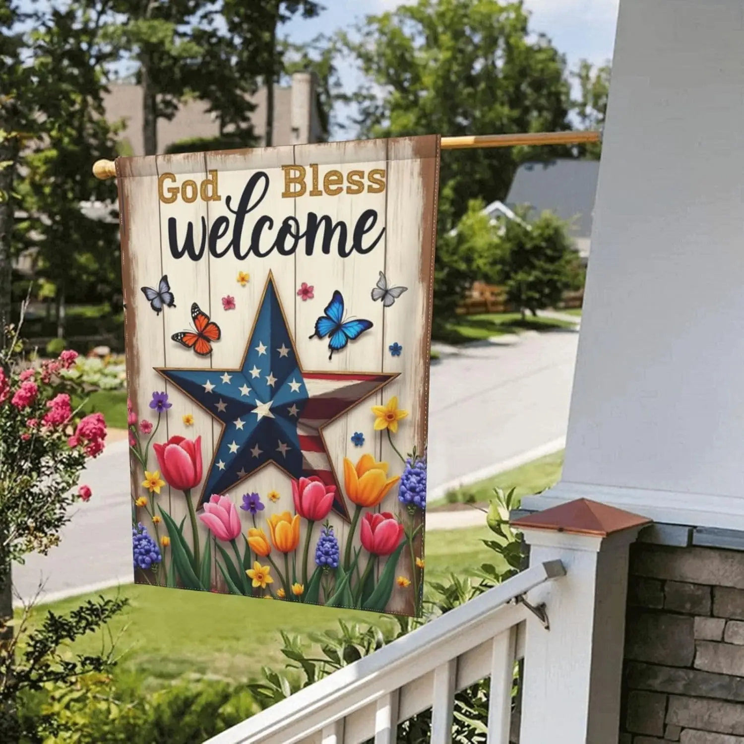 Welcome Garden Flag God Bless American Star Patriotic Flower Butterfly Religious Faith Yard Flag Outdoor Decor Double Sided  AAO