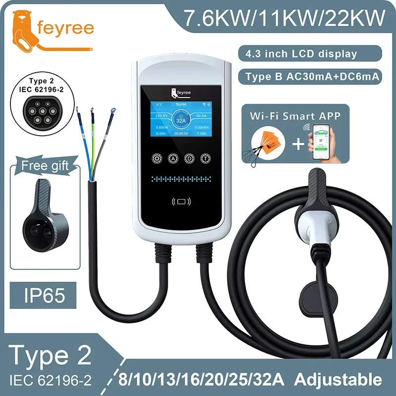 Feyree 22KW 32A Type2 شاحن EV 11KW 3P EVSE Wallbox 7.6KW 1P 4.3 بوصة شاشة جديدة الذكية APP التحكم محطة شحن شاحن سيارة