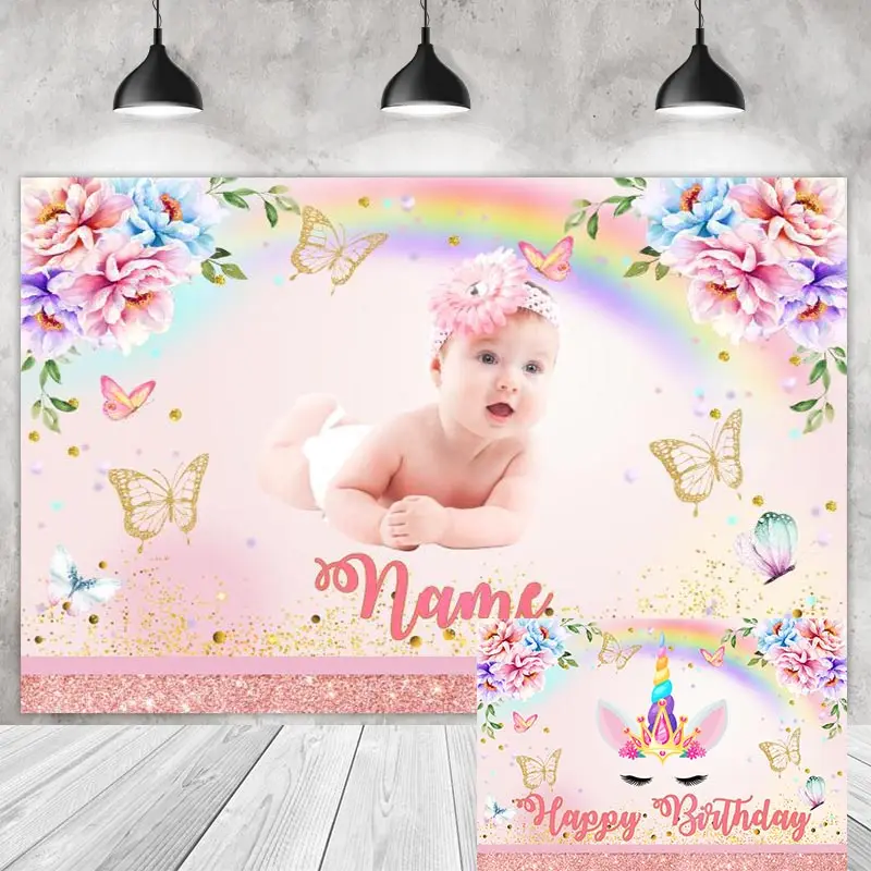 Rainbow Unicorn Party Backdrops Children Kids Photography Cake Smash Butterfly Flowers Background Shoot Customize Name Photo