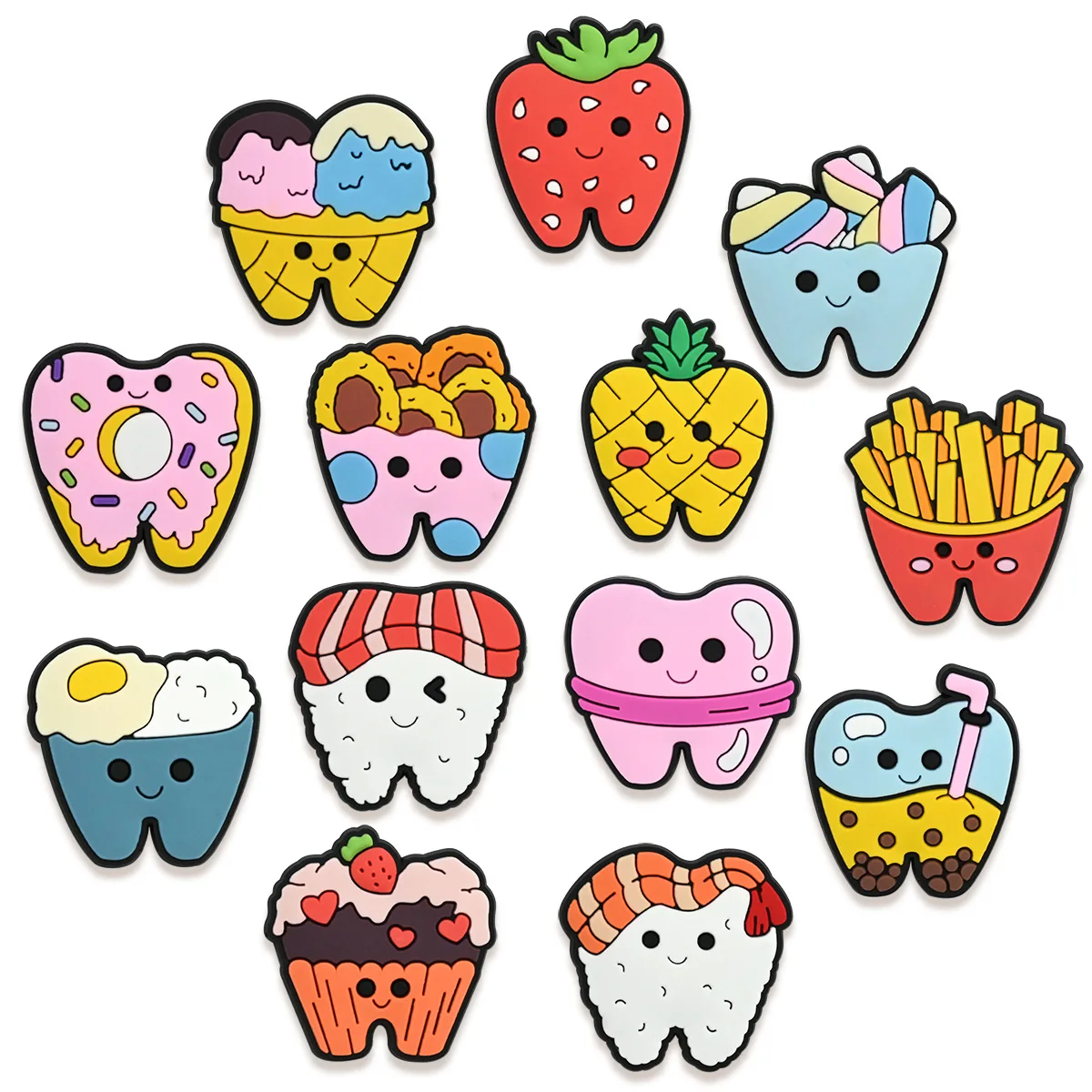 10/13/16pcs Food Cartoon Fun Teeth Health Series PVC shoe Accessories DIY Detachable Waterproof Cute Shoe Decorations Gifts