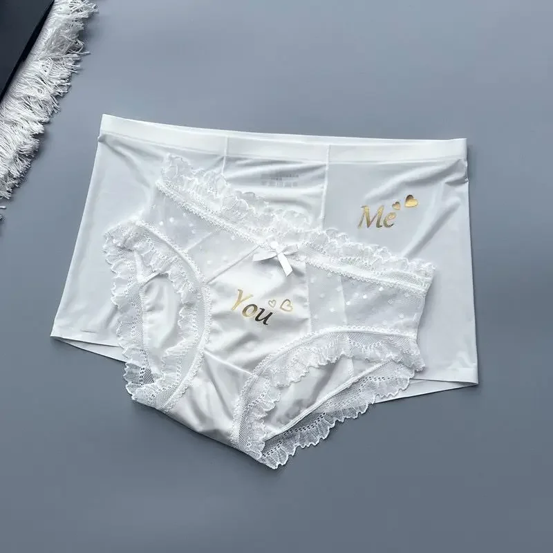 Black White Couple Matching Panties Soft Ice Silk Men Boxer Shorts & Women Sexy Briefs Two Pieces Set for Lovers Lingerie