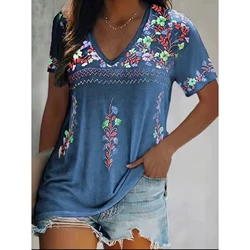 Boho Floral Print T-shirt Ethnic V-neck Summer Short Sleeve Tshirt Ladies Clothing Female Tee Top Oversized Vintage Women Tshirt