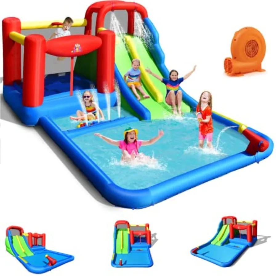 

Надувная водная горка, 7-в-1, с двумя горками, детский аквапарк, надувной батут, водные горки для улицы с большим бассейном для брызг