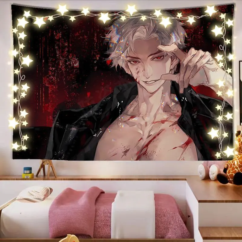 VIKAMA Dark Anime Man Tapestry Wall Hanging Silver Hair Blood Bandages Red Background Aesthetic Wall Art Dorm Decor
