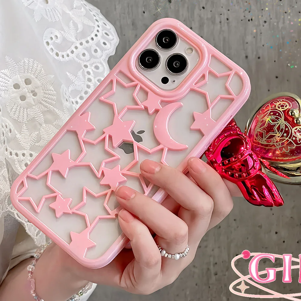 INS Hollow Out Glitter Star Moon Individuality Phone Back Case For iPhone 11 12 13 14 Pro Max Heat Dissipation Shockproof Funda