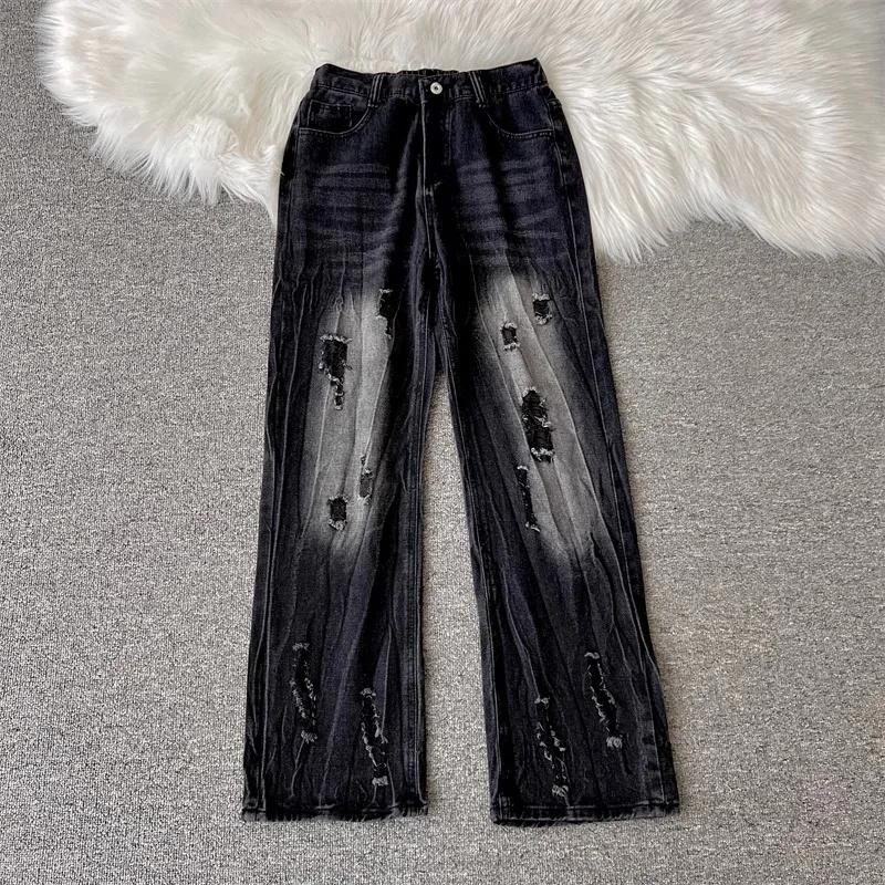 الصيف الرجال ممزق الجينز الرجعية غسلها مستقيم الساق السراويل الأمريكية عارضة أزياء خمر الشارع الشهير الذكور الدنيم السراويل