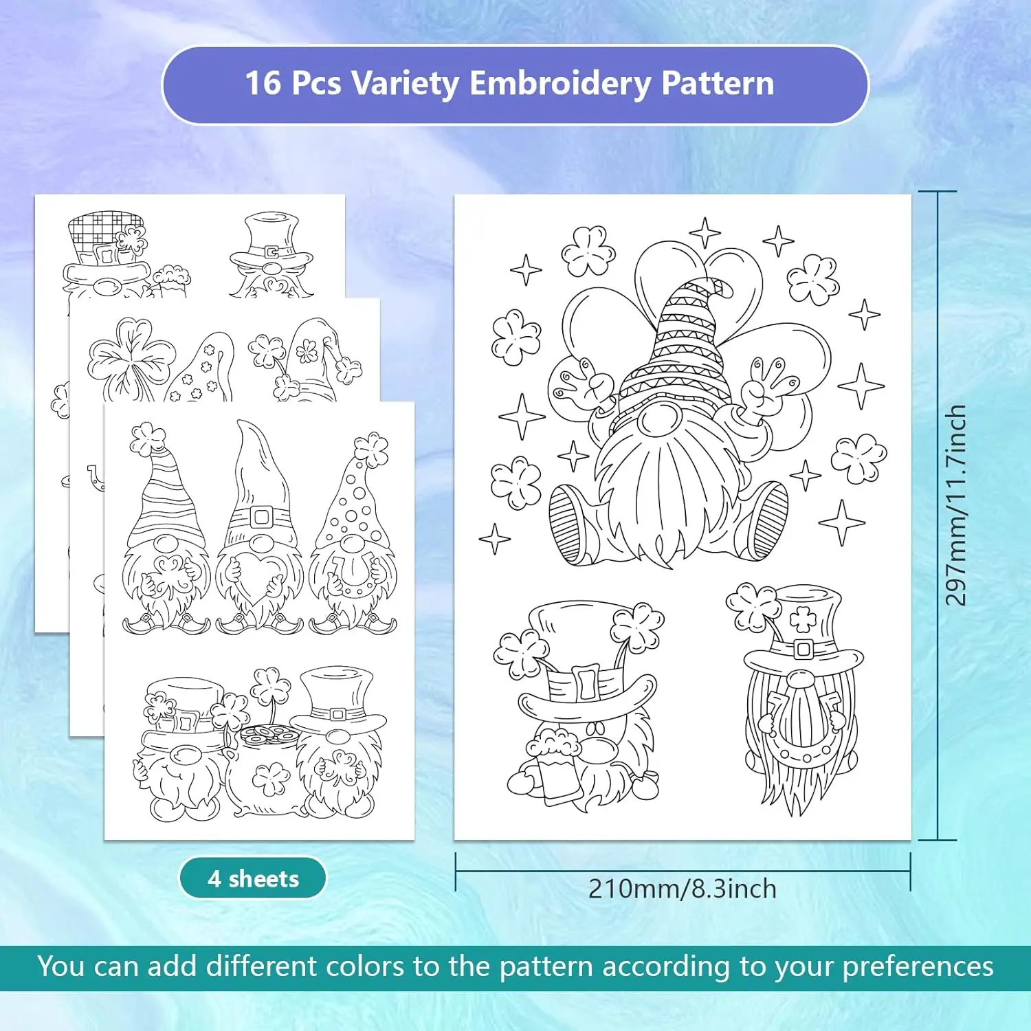4-Sheets Water Soluble Embroidery Paper Self-Adhesive St. Patrick's Day Shamrock Patterns for DIY