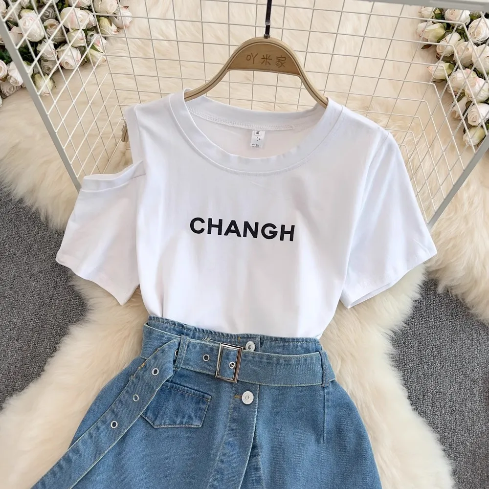 Korean Fashion Two Piece Skirt Set Women Summer Short Sleeve T shirt Dress High Waist A-Line Denim Mini Skirt Elegant Outfits