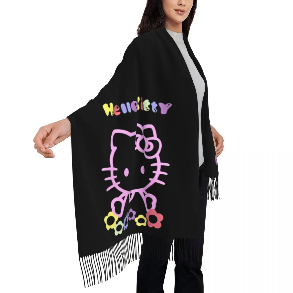مرحبا كيتي طباعة وشاح المرأة أغطية الرأس الأوشحة مع شرابة طويلة الخريف خمر شالات التفاف الدفء المطبوعة باندانا