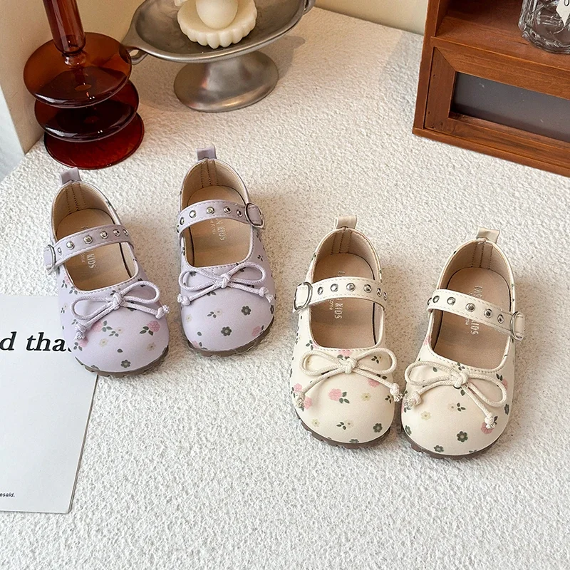

2025 Spring Autumn Girls' Performance Shoes Fashion Bowknot Sweet Printed Princess Causal Children Leather Shoes Kids Flat Shoes