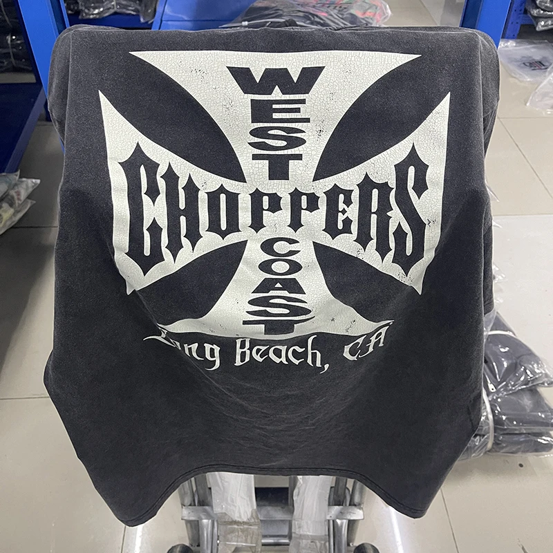 

West Coast Choppers Short-Sleeve T-Shirt Washed Black Cross-Logo Motorcycle Print Y2K Men's Women's Top Tee Shirts