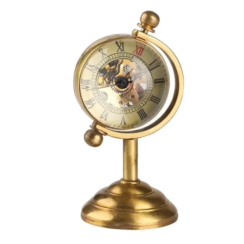 Luxury Yellow Gold Spinning Globe Desk Mechanical Watch Hand Winding Movement Home Office Luxury Decoration Collectable Clock