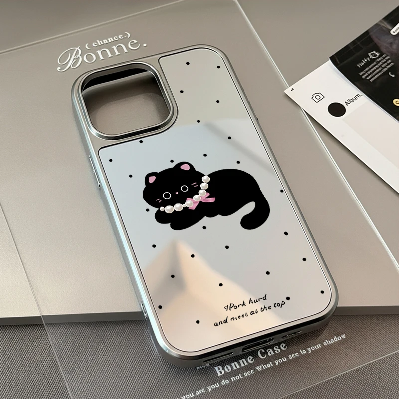 INS Koreanische Polka Dot Kätzchen Druck Spiegel Nette Telefon Fall Für iPhone 17 Air 16 15 Pro Max 14 13 12 11 plus Y2K Abdeckung