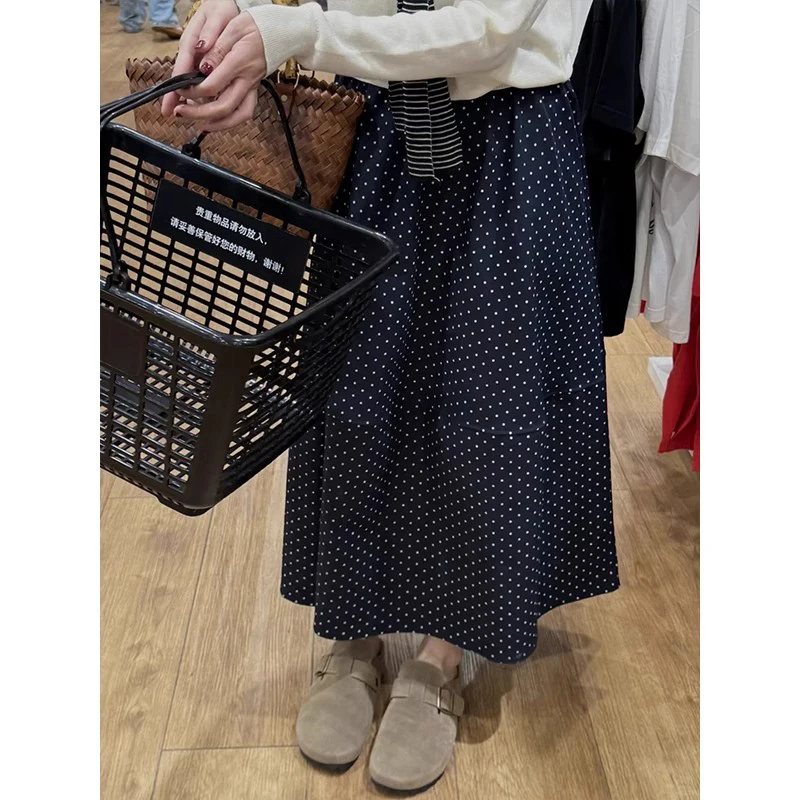 Blue Polka Dot Maxi Skirt Women's Spring Summer 2026 New High Waist Long Thin Large Size A-Line Skirt Slimming Hip Cover