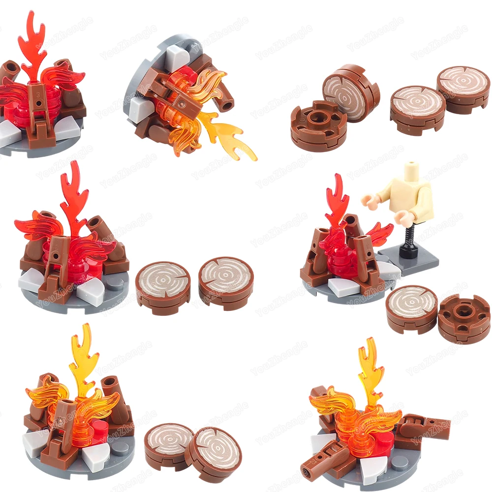 Miniatur Feuer Brennen Baustein Montage MOC Figuren Ausrüstung Camping Holz Stakes Stuhl Szene Passenden Modell Geschenk Junge Spielzeug