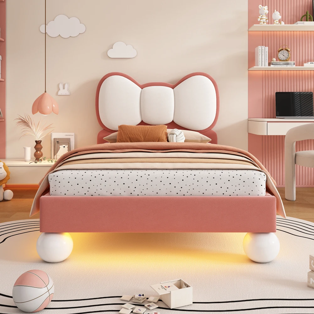 PINGGO Kinderbett, Einzelbett, 90 x 200 cm, Samt-Kopfteil in Fliegenform, Farbe, verstellbares LED-Licht, stabile Latten, ohne Matratze – Detail 5