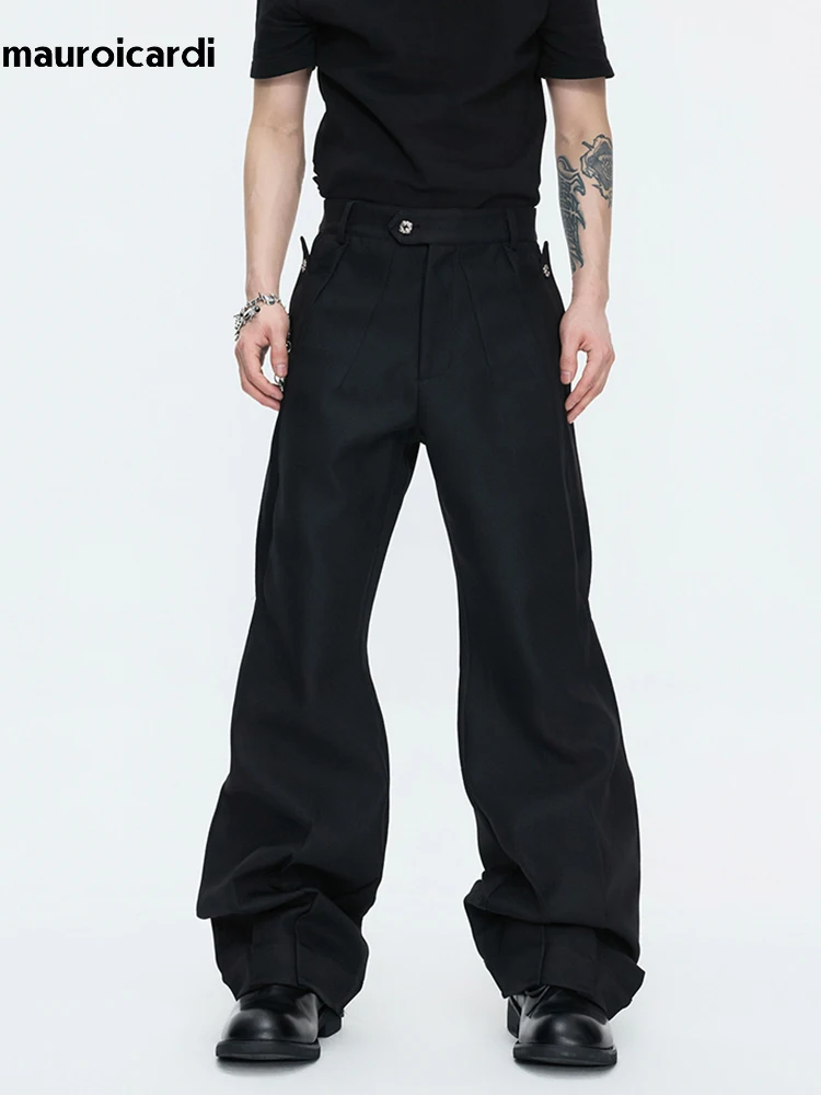Mauroicardi Spring Autumn Long Black Deconstructed Wide Leg Pants for Men High Waist Chic Luxury Designer Clothes Trousers 2026
