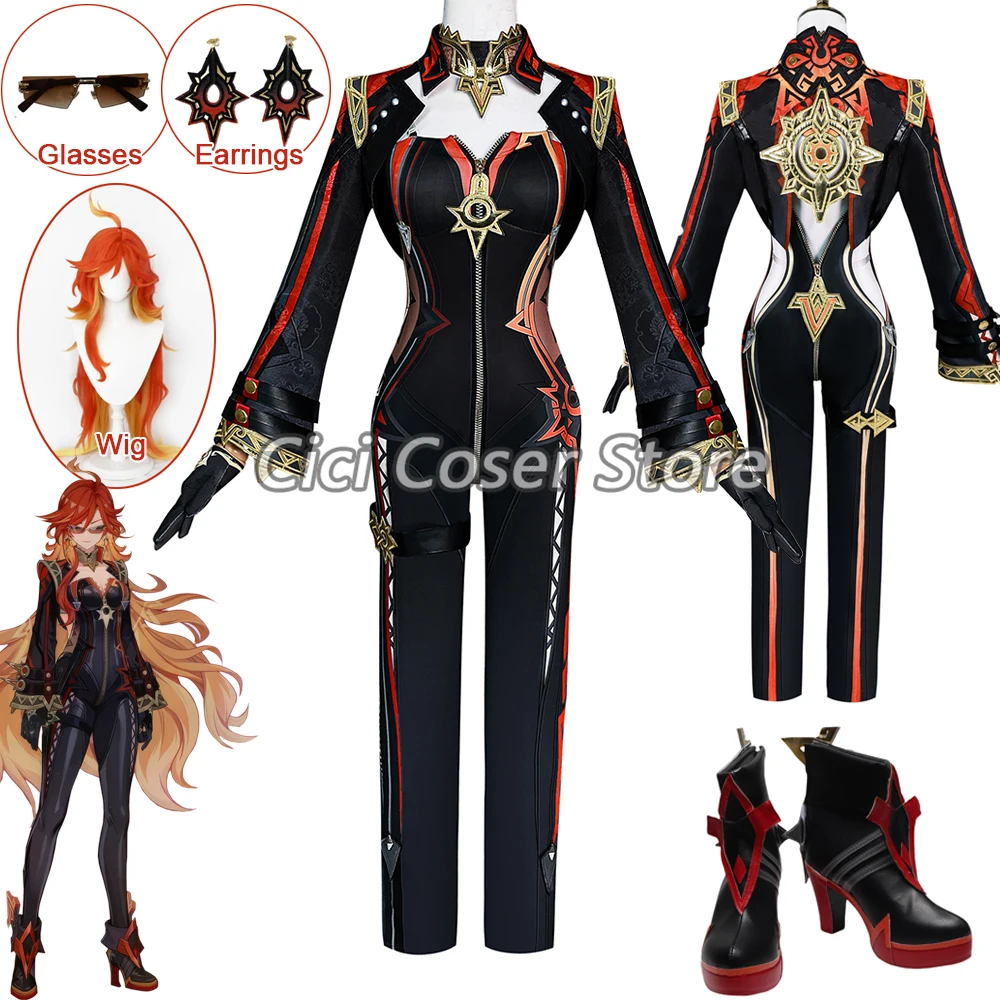 

Genshin Impact Mavuika Cosplay Costume Wig Earrings Sunglasses Pyro Archon Women Tights Halloween Party Carnival Outfits Shoes