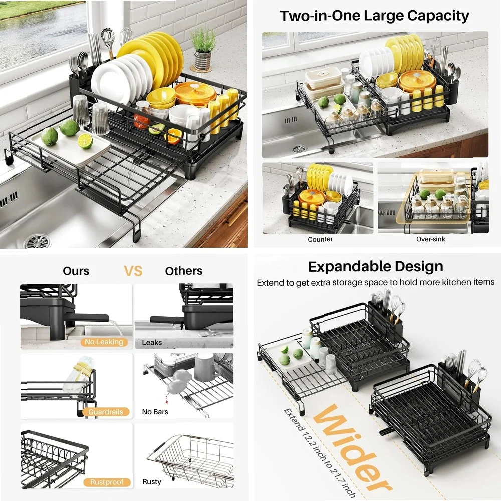 Stainless Steel Extendable Dish Drying Rack, Large Sink Drainer & Counter Space Saver