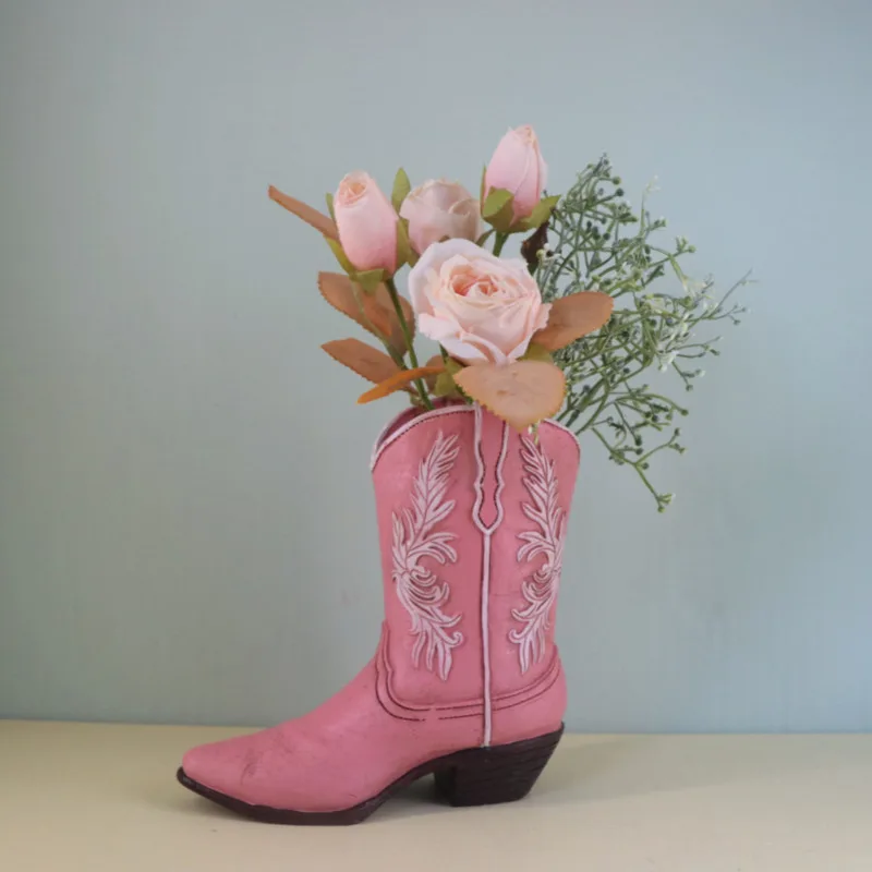 17cm Cowboy Boot Vase Resin Flower Pot Hydroponic Planter Western Vintage Butterfly Living Room Desktop Home Decoration