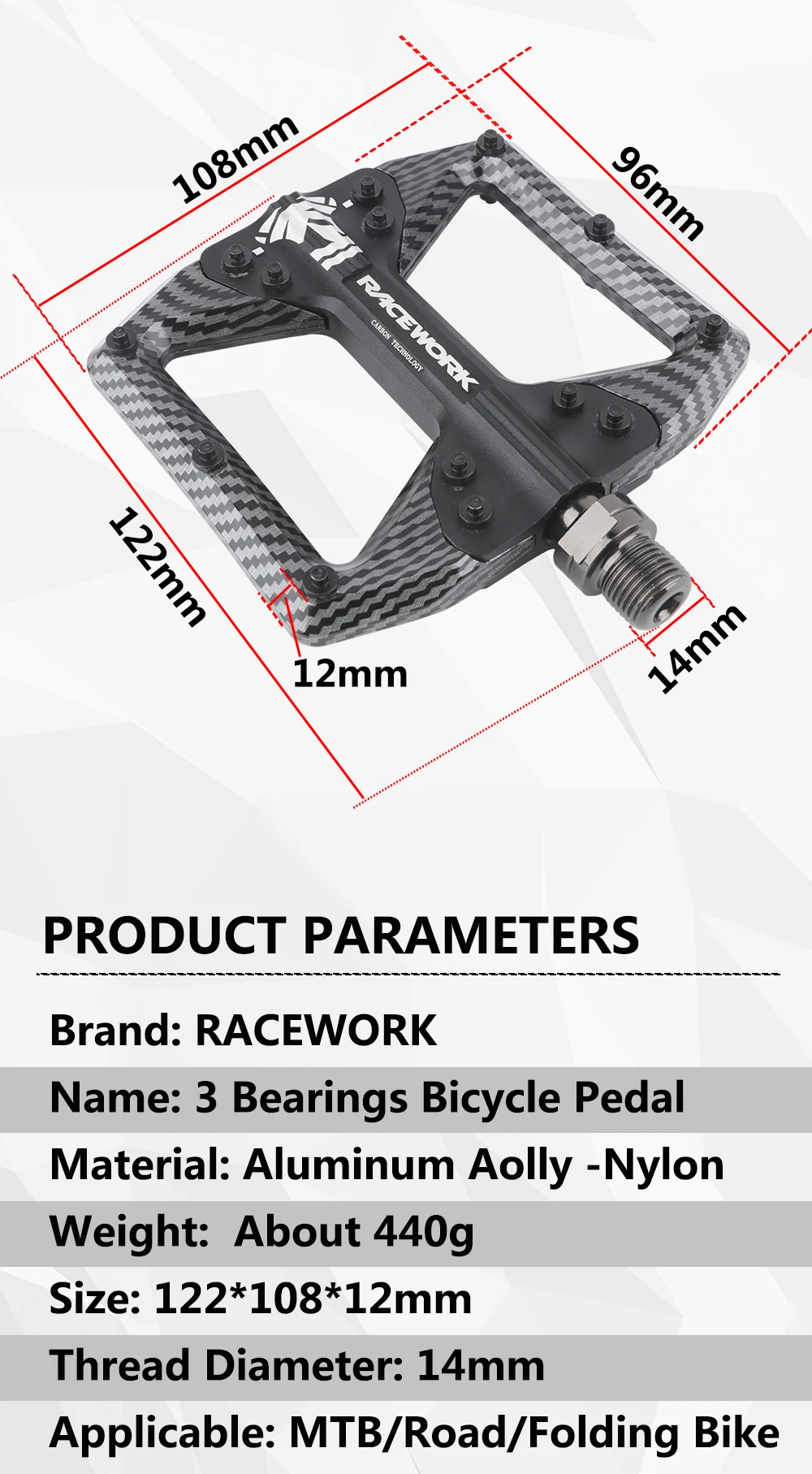 RACEWORK Bicycle Pedals 3 Bearings Mountain Road Bike Carbon Fiber Coating Ultralight Flat Pedal MTB Aluminum Alloy Nylon Pedal