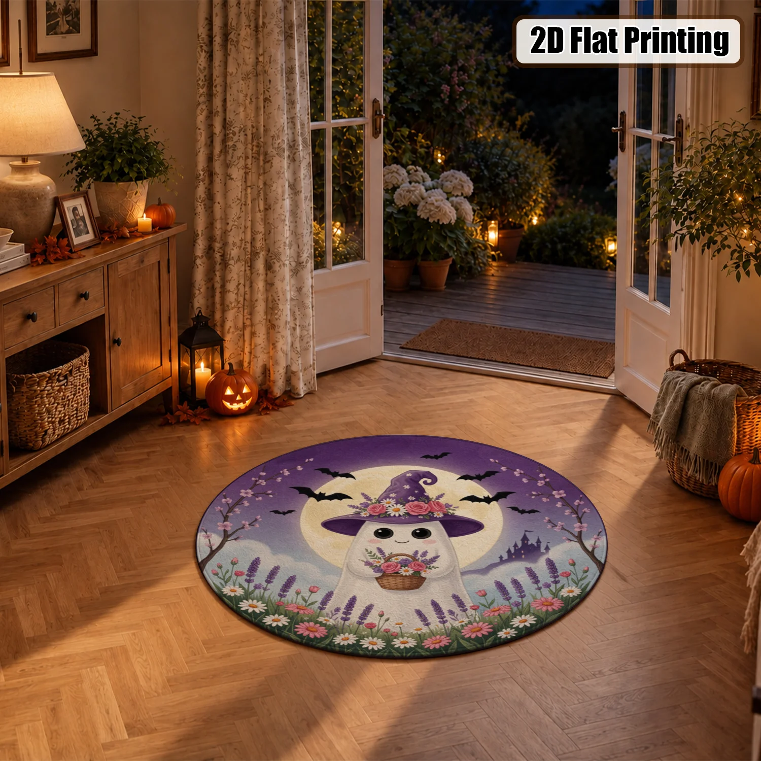 Cute Ghost Witch Floral Moon Bat Pattern Round Velvet Rug, Machine Washable Soft Plush Decorative Floor Mat for Living Room, Bedroom, Entryway, Dining Area, Perfect for Halloween, Thanksgiving, Christmas, New Year, Black Friday, Cyber Monday Home Use