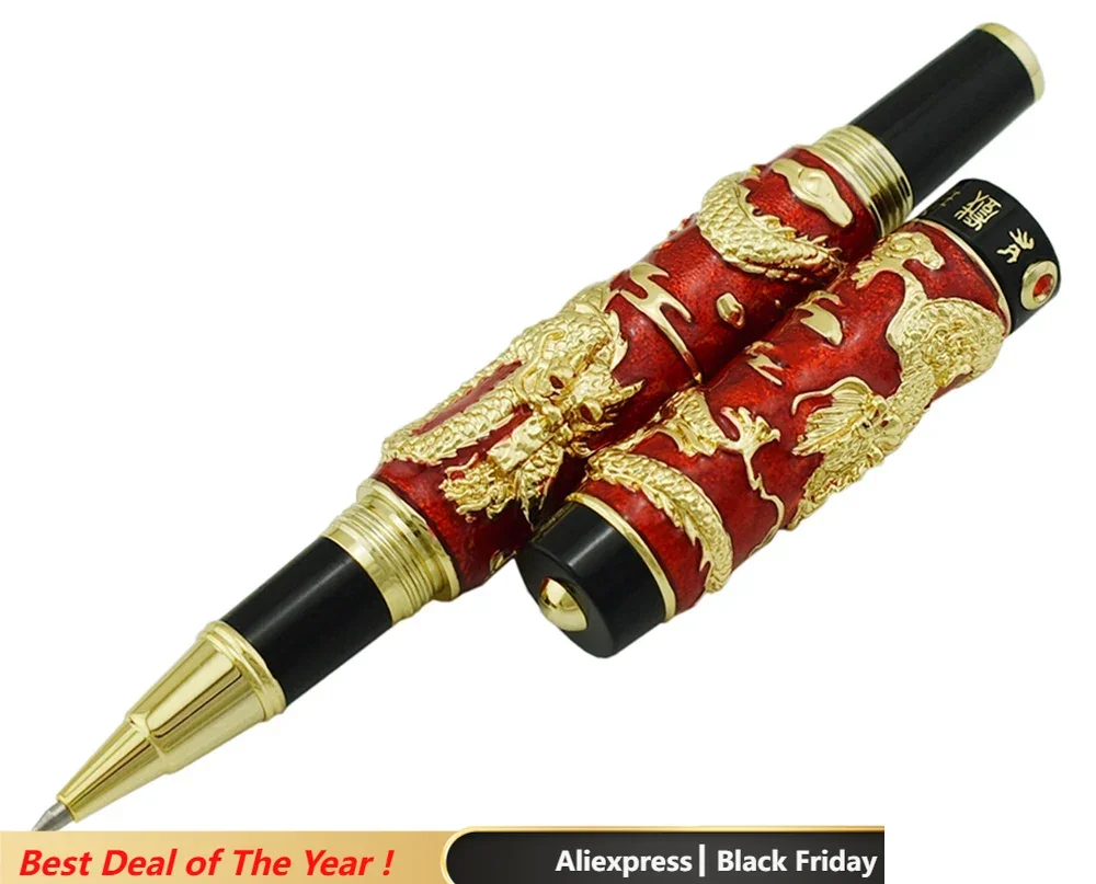 Jinhao Red Cloisonne Double Dragon Rollerball Pen with Smooth Ink Refill Advanced Craft Writing Gift Pen for Business, Graduate