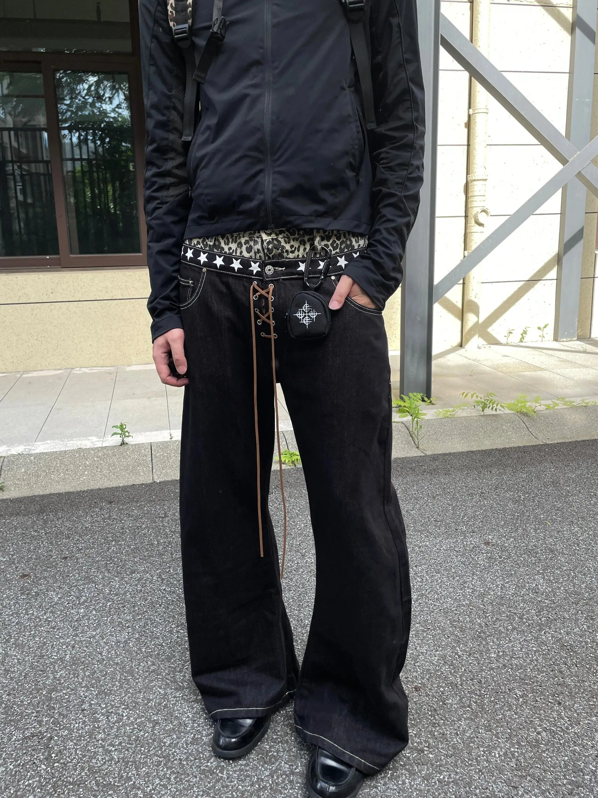 

American Street Sle Patchwork Double Waist Knife Bell Bot Jeans Men's CleanFit High Waist Straight Leg Jeans