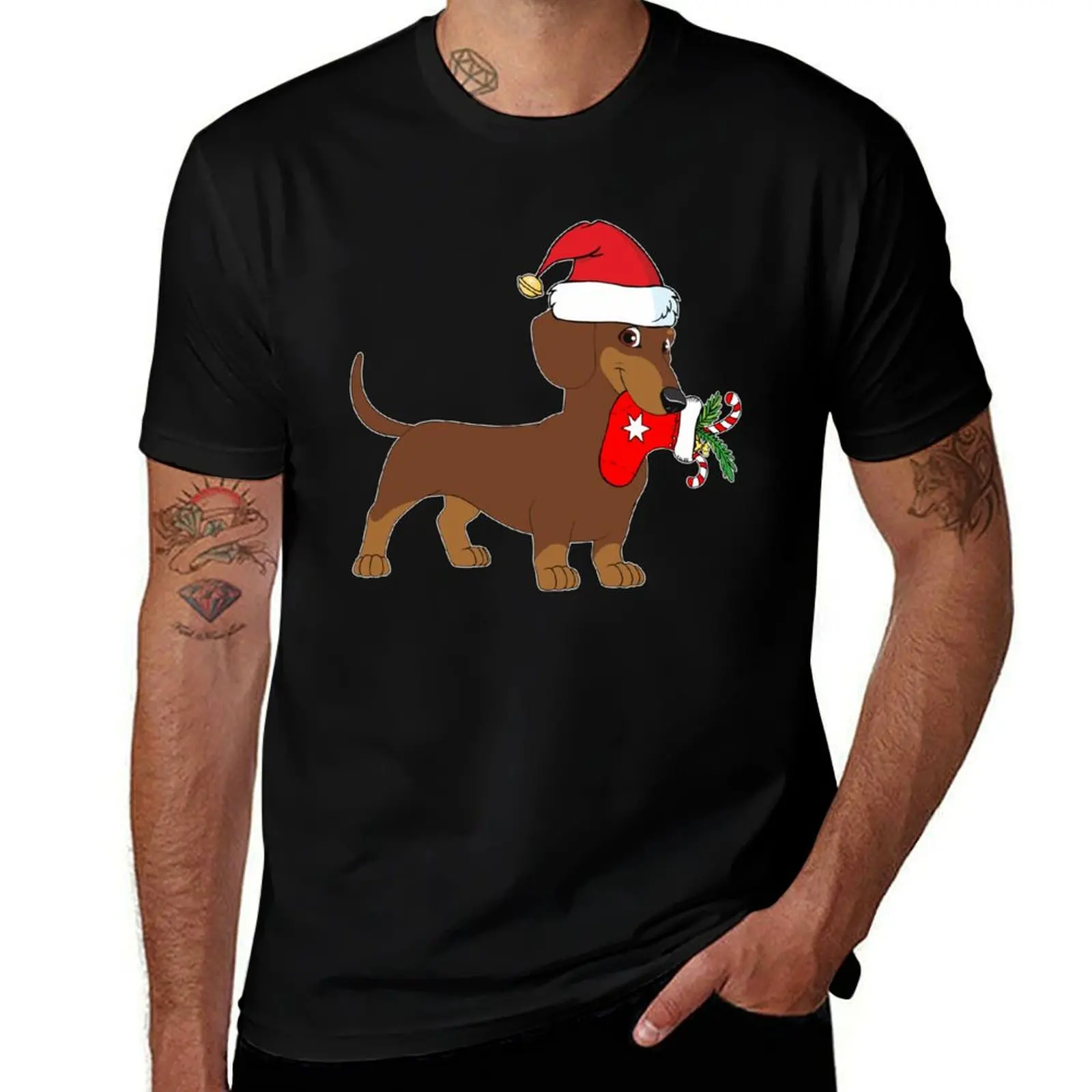 Dachshund Christmas Stocking Dog T-Shirt Casual Holiday Short Sleeve Tee T-Shirt