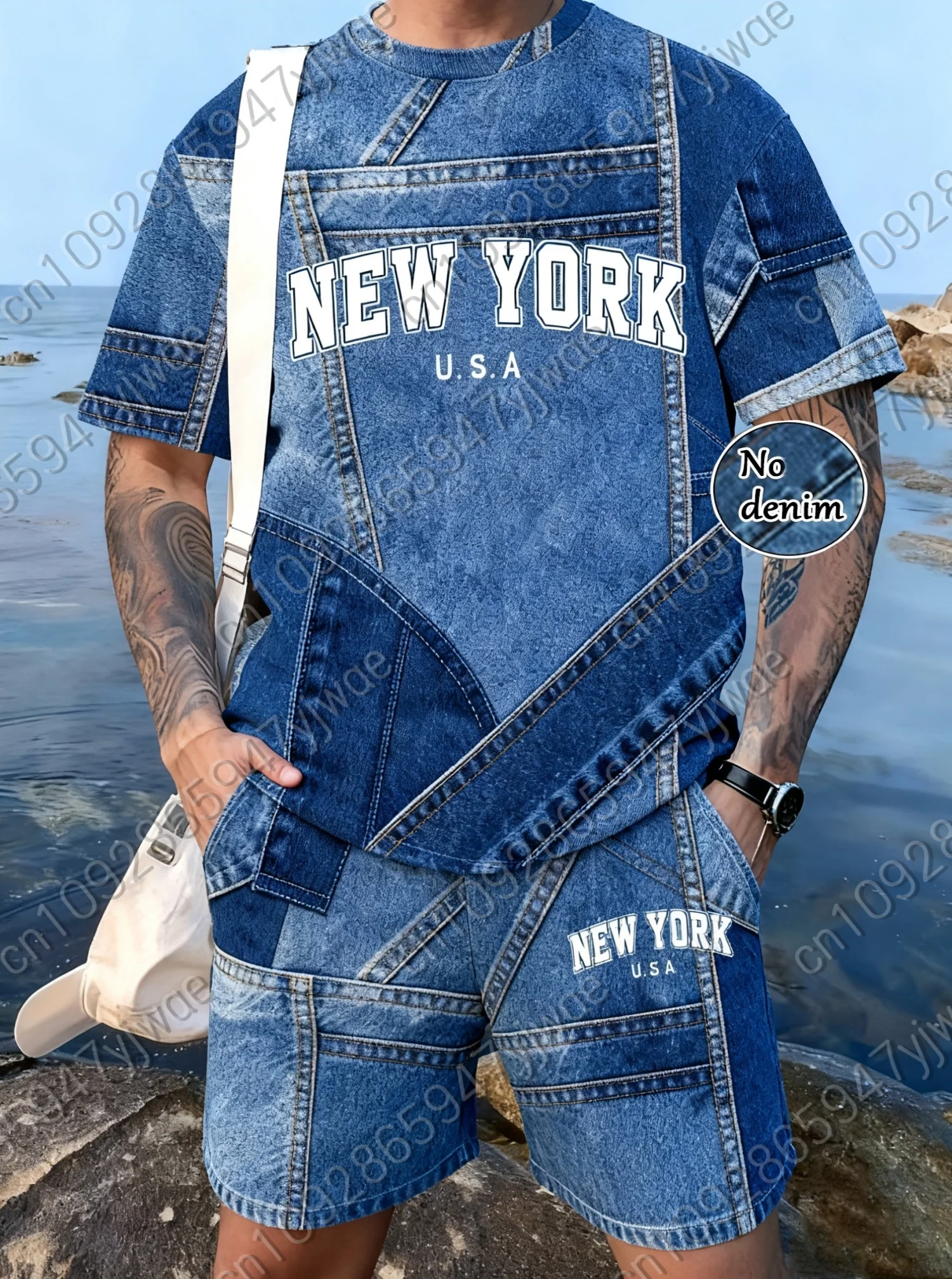 

2026 Summer Men 2pcs Set Mens New York Pattern No Denim T-Shirt Shorts Set Adult men Jogging Plus Size Tracksuit 2 Piece Set