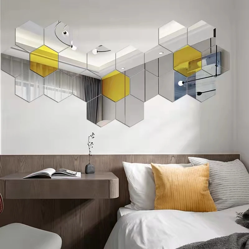 12Pcs Large 3D Hexagon Mirror Wall Stickers Removable DIY Art Decal Ornaments for Home TV Backdrop Living Room Bedroom Decor