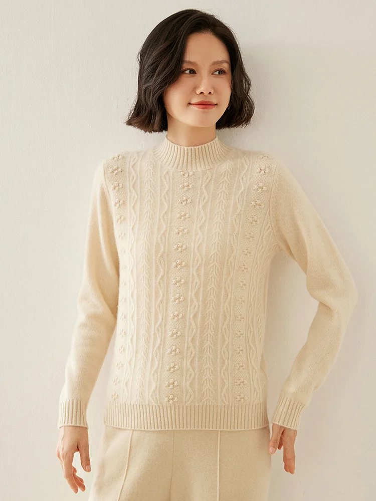 

High end cashmere 35% Merino women's thick semi high collar heavy-duty three-dimensional floating flower cashmere sweater autumn