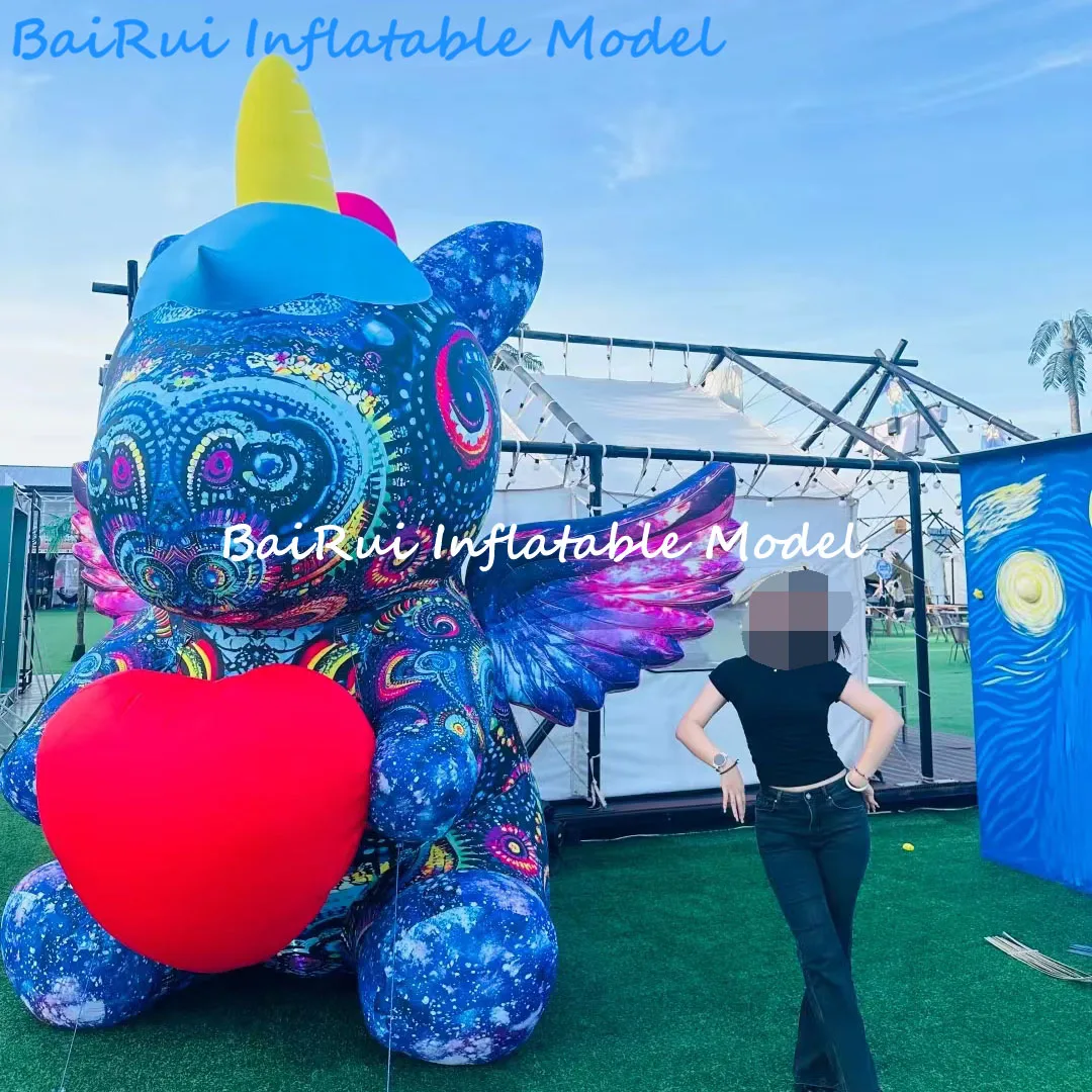 Giant Inflatable Unicorn with Flying Wings Holding Heart Air Blow Creative 3D Animal Mascot Outdoor Decor Advertising Props