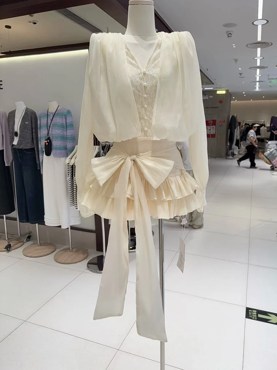 TWOTWINSTYLE Solid Sheer Spliced Lace Elegant Dresses for Women V Neck Long Sleeves Tunic Patchwork Ruffles Folds Dress Female