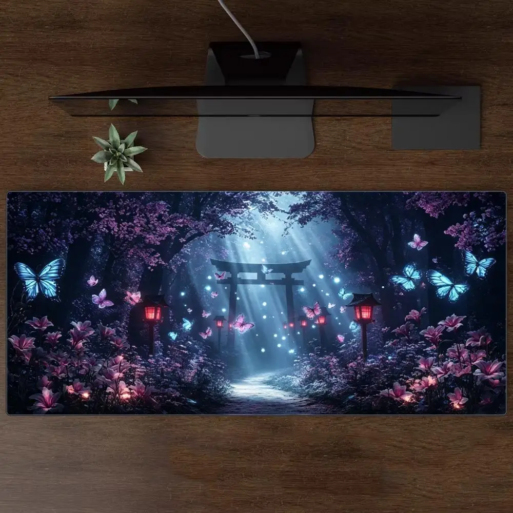 Fantasy Night Forest Torii Gate Glowing Butterflies Lantern Large Mousepad Non Slip Rubber Keyboard Mat for Gaming Desktop