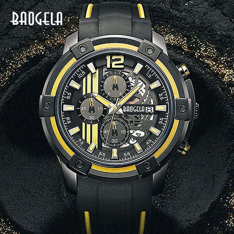 BAOGELA Men's Black Silicone Strap Quartz Watches Chronograph Sports Wristwatch for Man 3atm Waterproof Luminous Hands Yellow