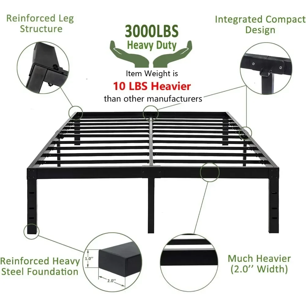 18-inch platform bed frame, easy-to-assemble mattress base, 3000 pounds of heavy-duty steel slats, noiseless,no springs required