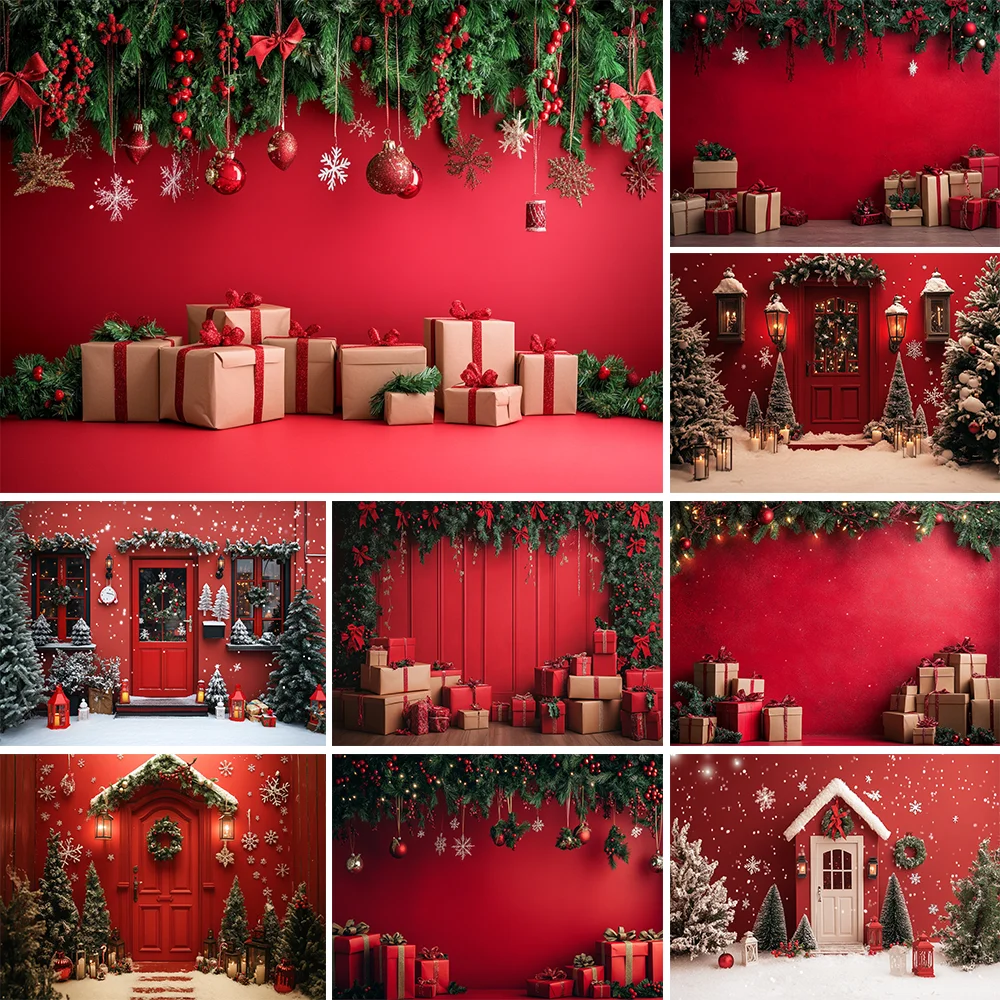 

Photography Background Winter Christmas Red Panel Wall Gift Xmas Tree Kids Family Portrait Decor Backdrop Photo Studio