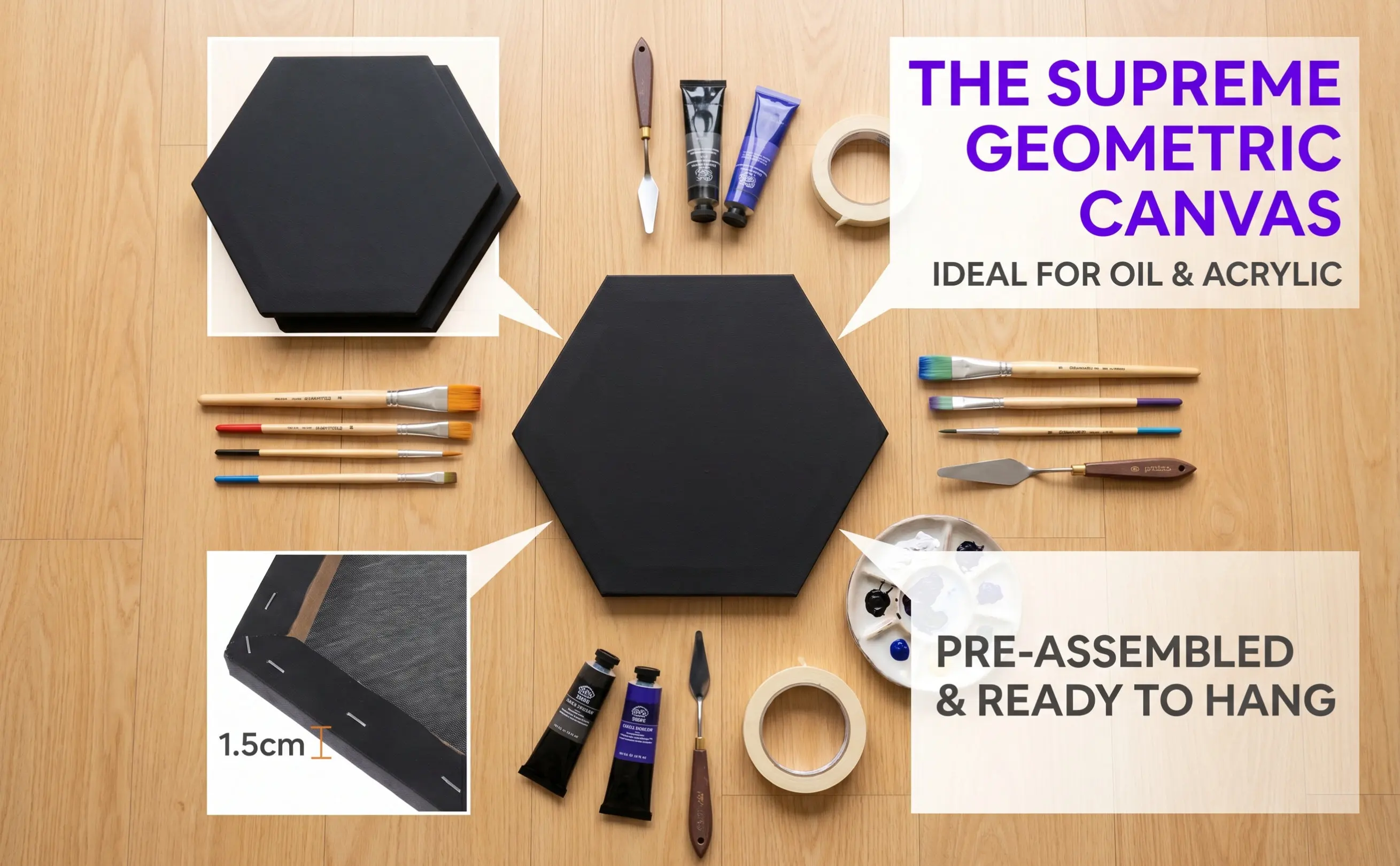 2Pcs Hexagon Canvas Panels for Painting Black Wooden Frame Sturdy Irregular Structure Oil Acrylic Compatible Blank Art Board