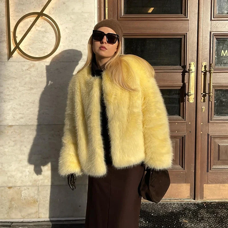 Neo Mint Cool Street Girls Winter Fashion Fluffy Fox Fur Jacket Women Casual Round Neck Faux Fur Coat Chic Thick Warm Outerwear