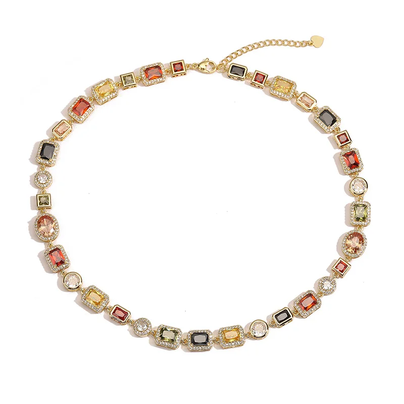 HECHENG 18K Gold-plated Zircon Irregular Geometric Shape Colored Bracelet Necklace Popular Maillard Color Neutral Accessory