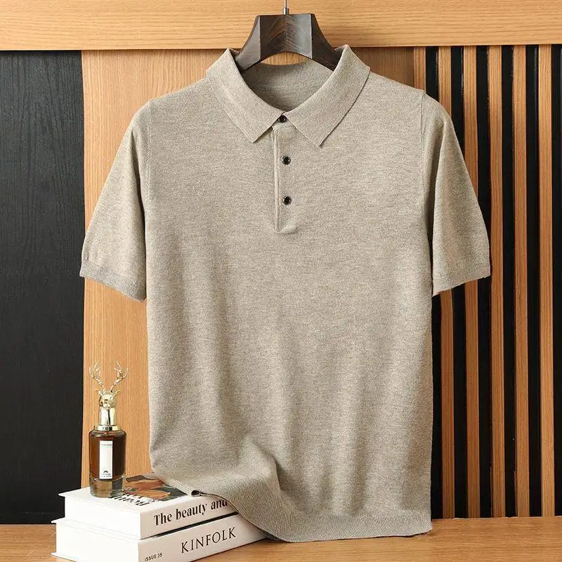 

Spring Summer Fine Knitted Woolen Neck Loose Casual Short Sleeve T-Shirt Thin Basic Style Pure Color Men's Fashion Top