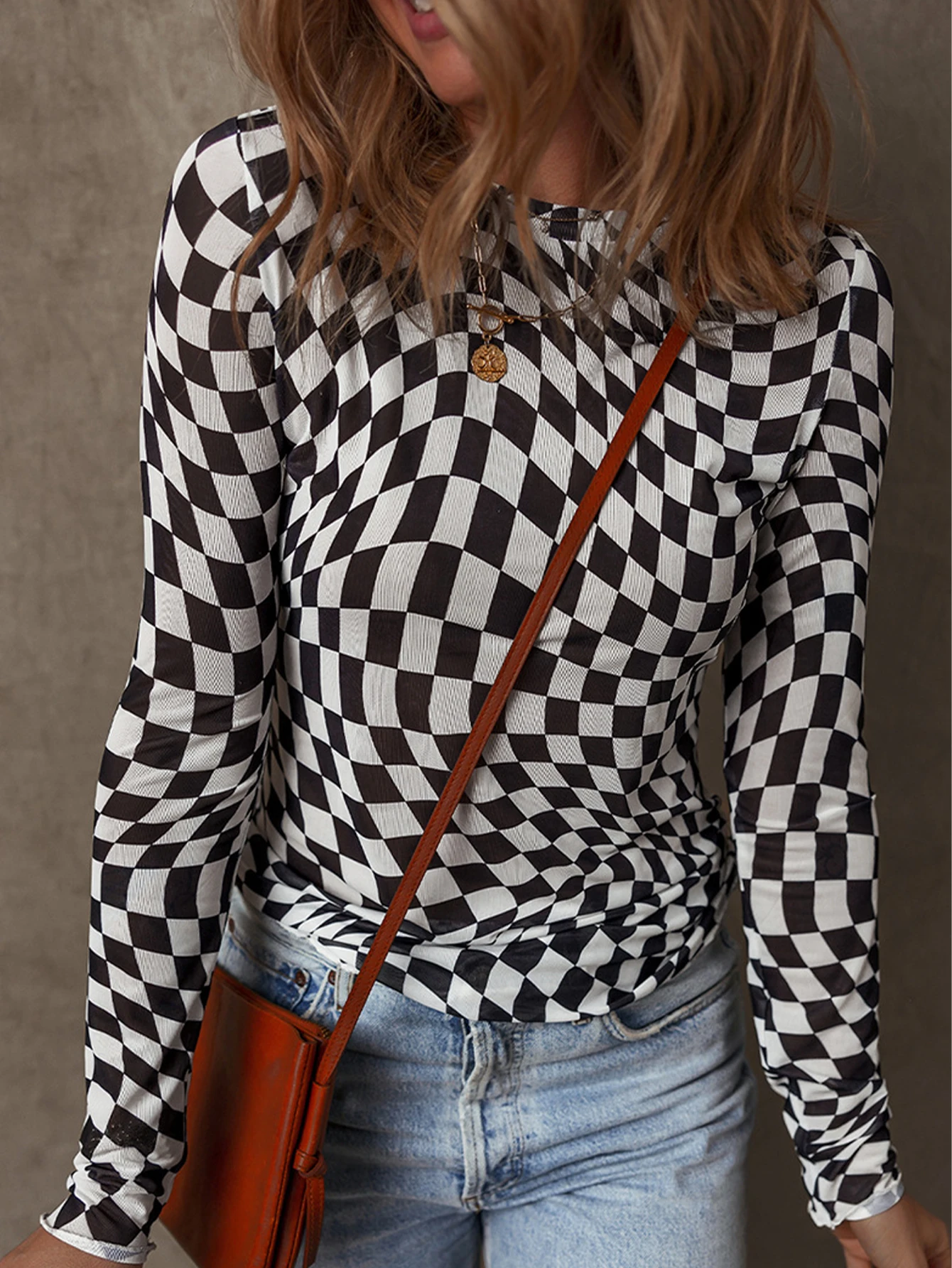 

Женская повседневная лоскутная клетчатая футболка с длинными рукавами и круглым вырезом, облегающий осенний базовый топ