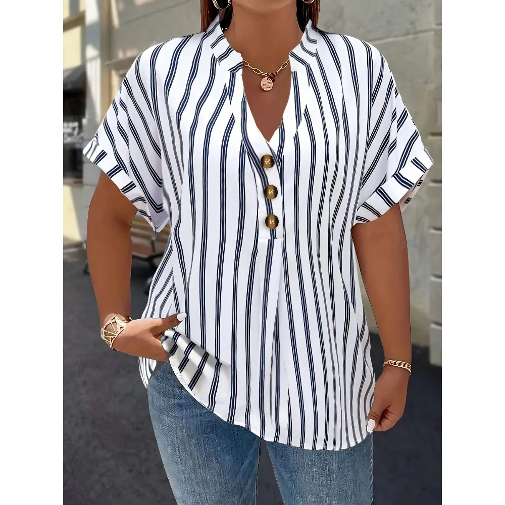 Camicia a maniche taglie forti primavera estate Scollo a V Top a pipistrello con bottoni Strisce verticali Abbigliamento intimo autunnale e invernale da donna slim fit