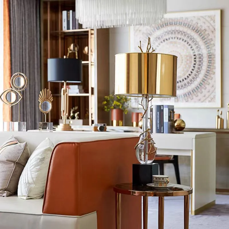American Luxury All Copper Branch Marble K9 Crystal Table Lamp Bedroom Bedside Study Design Electroplated Lampshade Desk Lamp