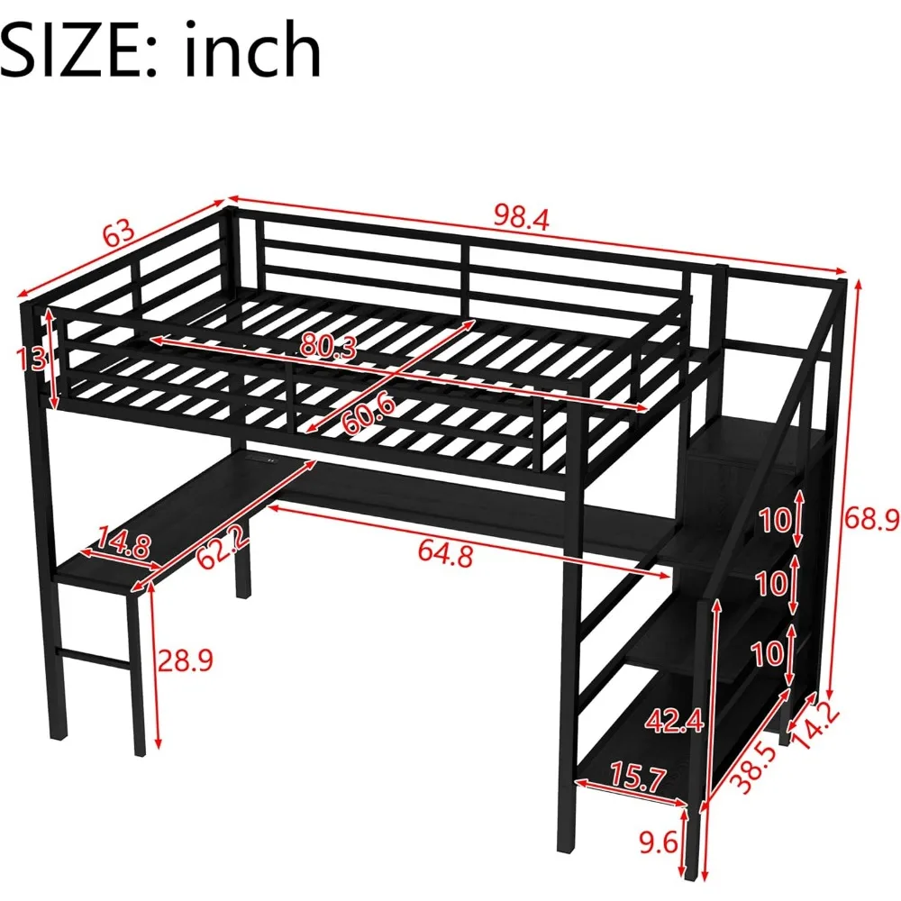Letto a soppalco matrimoniale in metallo con scrivania e armadio a forma di L, luci a LED, porte USB, struttura letto salvaspazio per camere da letto moderne
