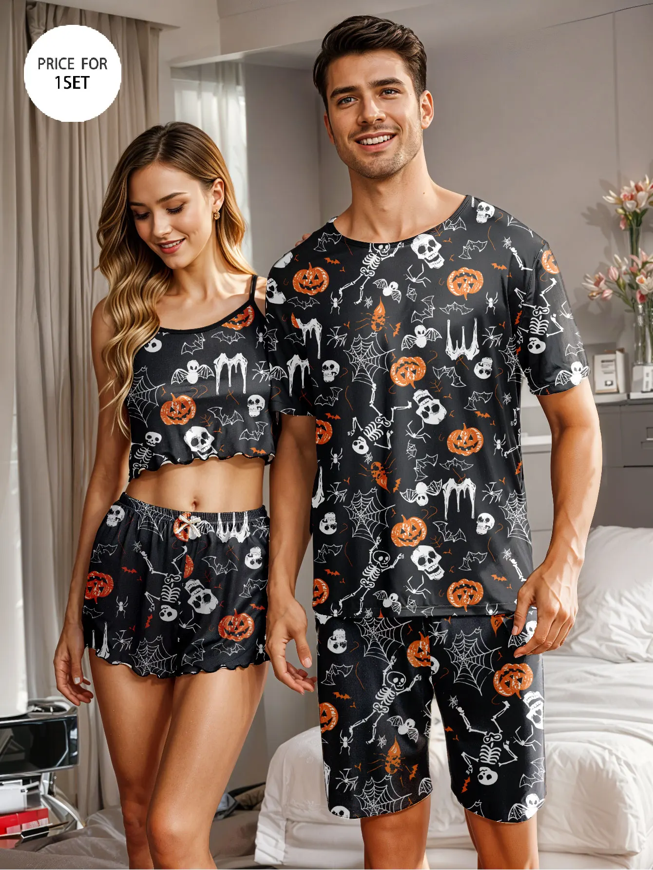 Men's Pajama Loungewear Set, Halloween-Themed Fun Pumpkin and Skull Prints, Short-Sleeve Top + Shorts Loungewear, 1 Top + 1 Pair of Pants, Suitable as a Halloween Gift