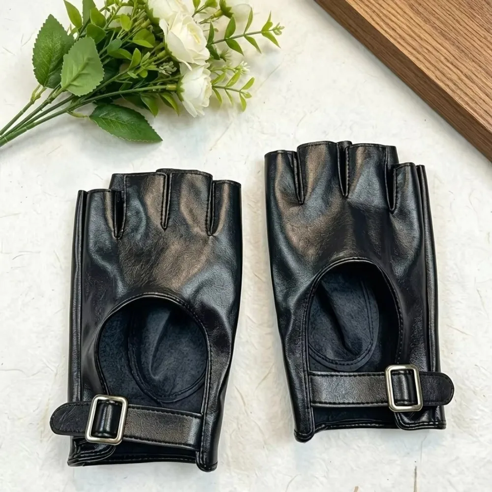 Fashion Solid Color PU Leather Gloves Short Punk Fingerless Mittens Hollow Cool Half Finger Gloves Sports Activities